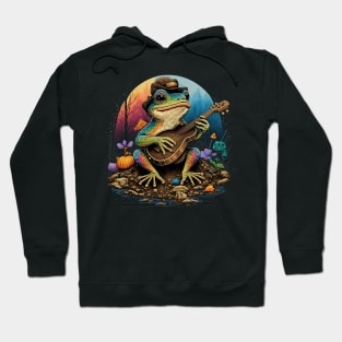 Cottagecore aesthetic cute frog playing ukelele on Mushroom Hoodie